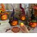 Here are four Halloween witches. They are made from dried gourds. Each has a witch hat and comes with a candle to light their carved faces.